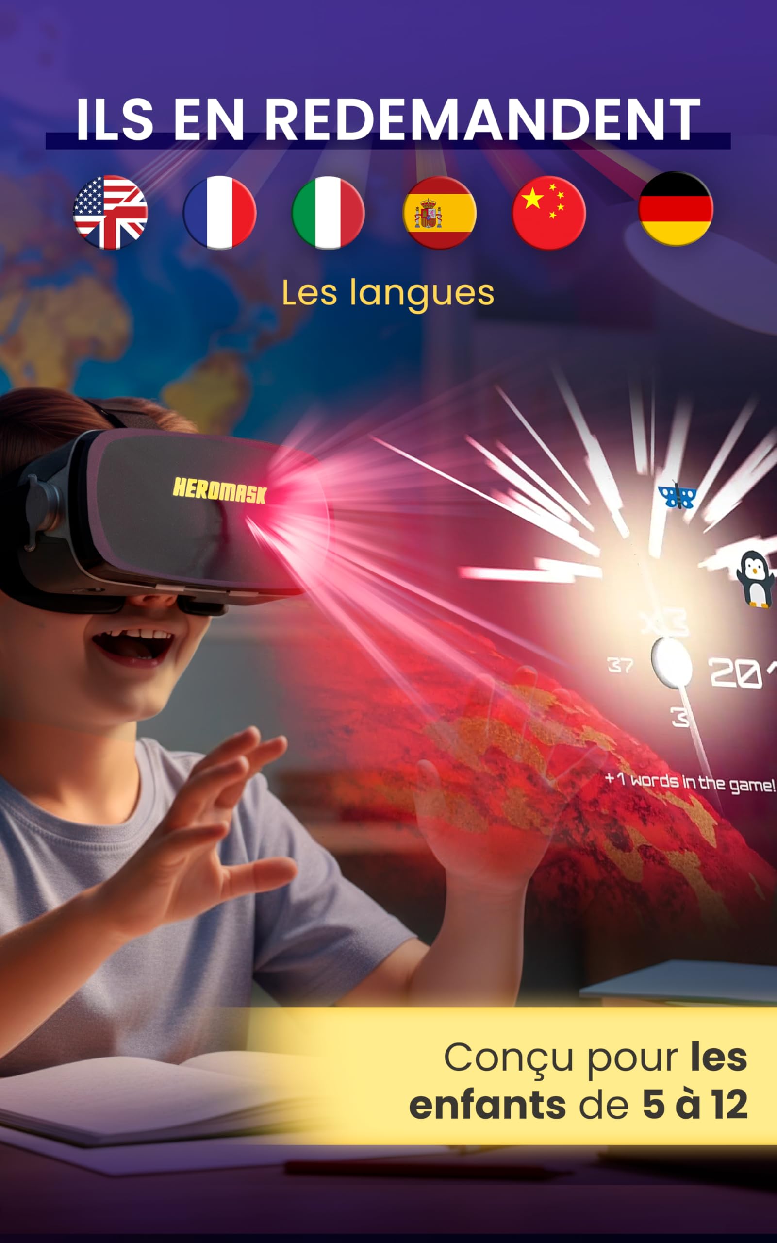Heromask Casque VR Enfant 5-12 Ans · Jeux de Langues Réalité Virtuelle | Anglais, espagnol et allemand en jouant en VR. iPhone/Android. Cadeau original éducatif pour enfant