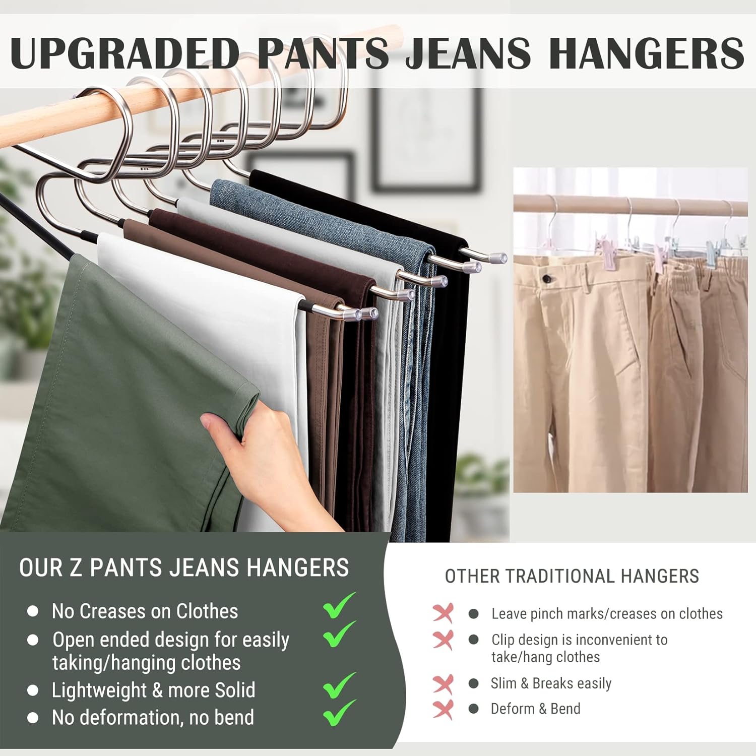 DOIOWN Pants Trousers Jeans Hangers - 30 Pack Z-Shape Stainless Steel Non-Slip Space Saving Clothes Hangers for Men Women, Thick Stainless Steel Multi Purpose for Pants, Scarf, Jeans