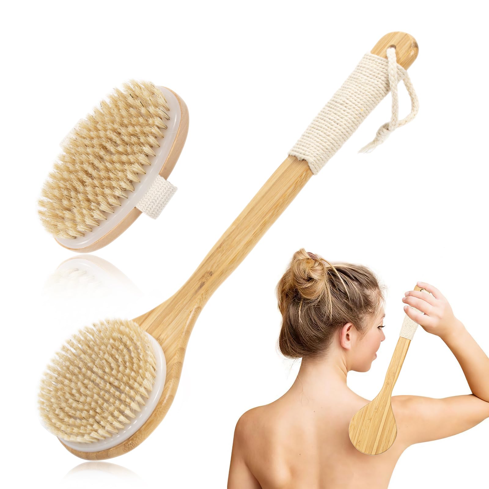 Back Scrubber for Shower, Dry Brushing Body Brush Set with Stiff Natural Bristles, Exfoliating Body Brush for Remove Dead Skin, Back Scratcher, Shower Brush Long Handle for All Skins, 2 Pcs