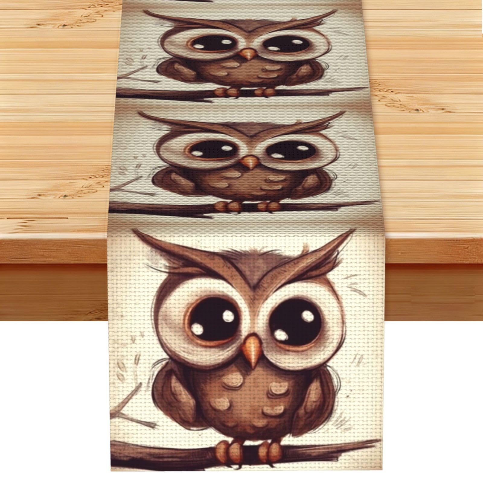 Cute Owl Table Runner 13 x 72 Inches Long, Cotton Linen Table Runners for Kitchen Dining Table Decoration - Washable Tablecloth Modern Tablerunner for Home Party Decor