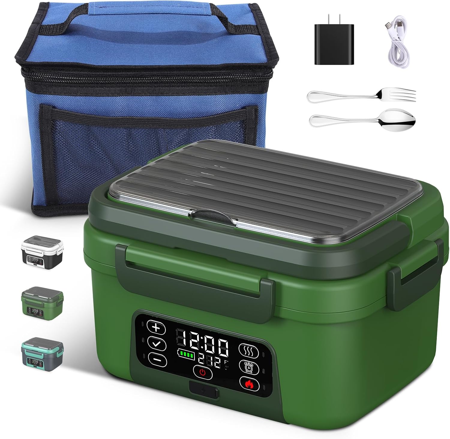 cordless electric heated lunch box, 1.5l - 6.3 cups 20000 mah 100w rechargeable smart self-heating food warmer with removable divider, spoon, fork, bpa free, portable lunchbox for car travel office blackish green