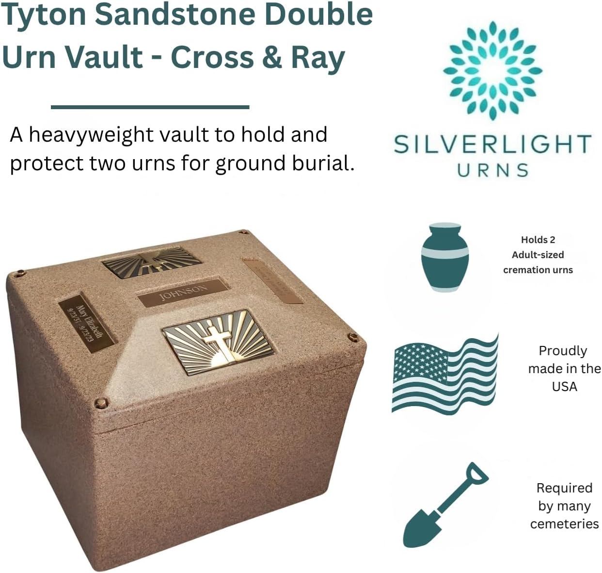 Tyton Sandstone Double Urn Vault - Cross & Ray, Urn Vault for Ground Burial, Holds Two Adult Cremation Urns for Human Ashes, Durable and Secure for Cemetery Burial