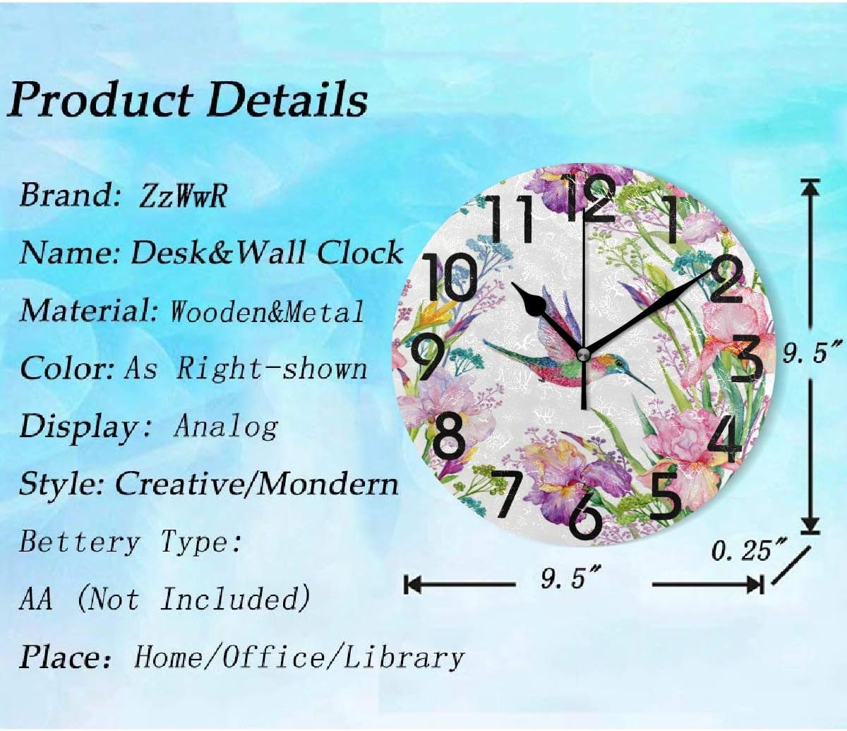Spring Hummingbird Irises Flowers Print Round Wall Clock, 9.5 Inch Battery Operated Quartz Analog Quiet Desk Clock for Home,Office,School