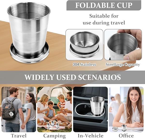 3 Piezas Vaso Plegable Acero Inoxidable,Taza Plegable de Acero Inoxidable con Tapa y Llavero 250ML Para Acampada, Senderismo, Montañismo, Picnic Y Actividades Al Aire Libre. - 4