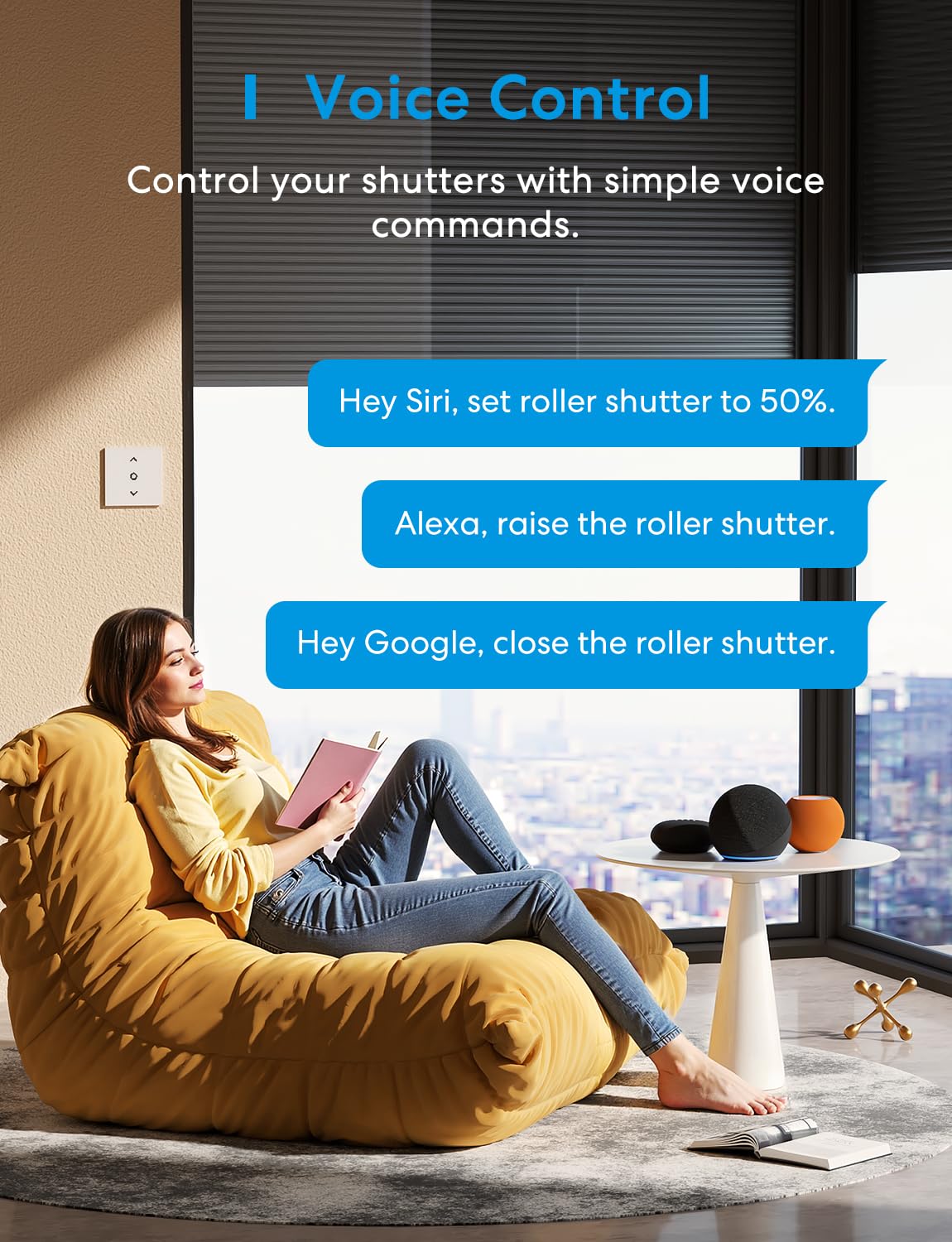 meross Interruttore per tapparelle opaco Smart (cavo neutro necessario), interruttore per tenda compatibile con HomeKit, Alexa e Google Home, controllo percentuale, controllo vocale e telecomando