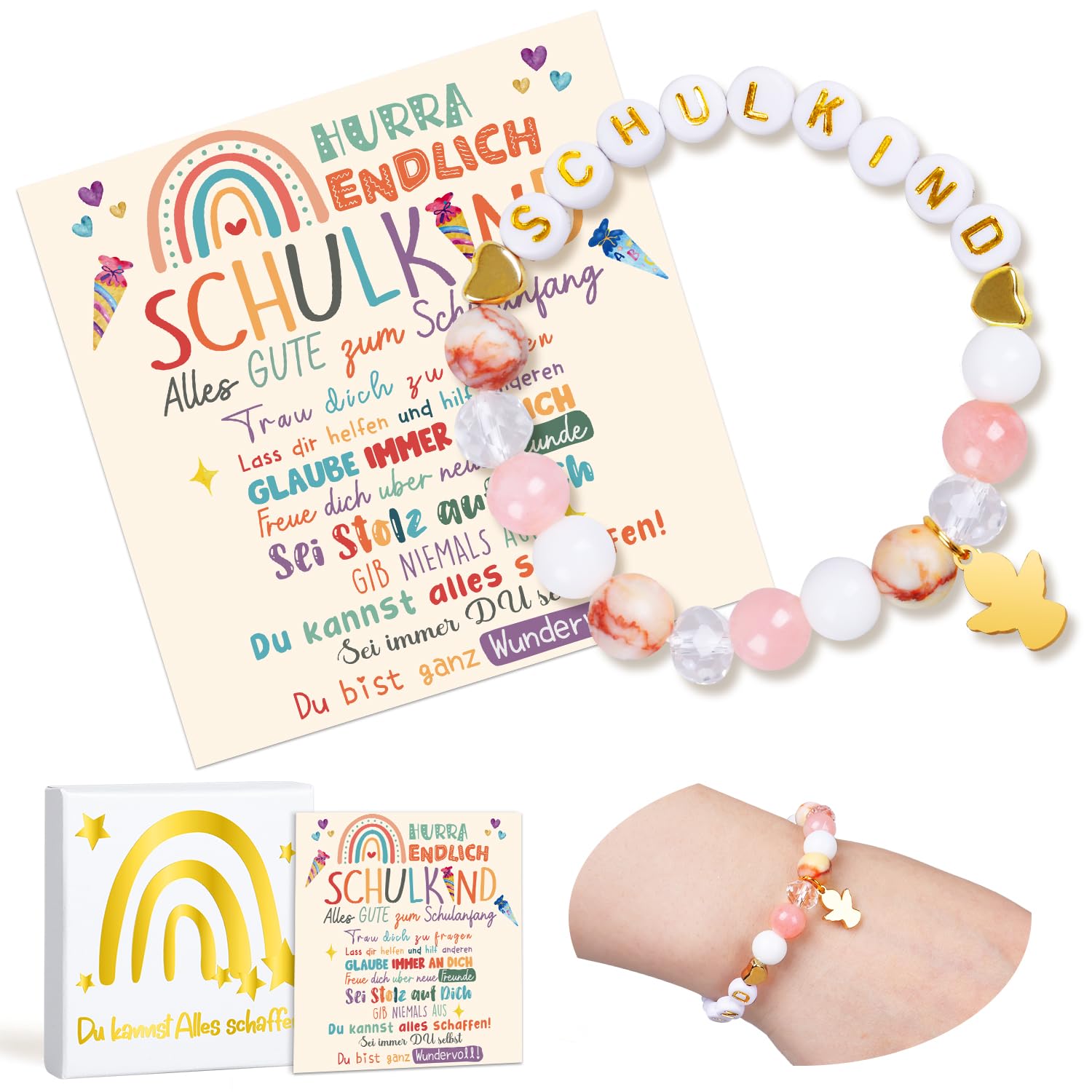 iZoeL Einschulung Geschenk Mädchen Schutzengel Geschenk 2026 Schulkind Schultüte Füllung Schulanfang Armband Glücksbringer mit Grußkarte Geschenkbox