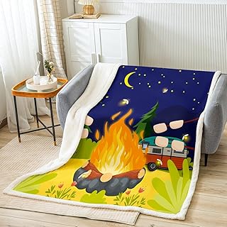 Cartoon Camper Campfire Throw Blanket,Cute Camping RV Blankets,Kids Boys Adult Watercolor Starry Sky Moon Night Fleece Blanket Nature Jungle Scenery Sherpa Blanket,for Chair/Sofa,40