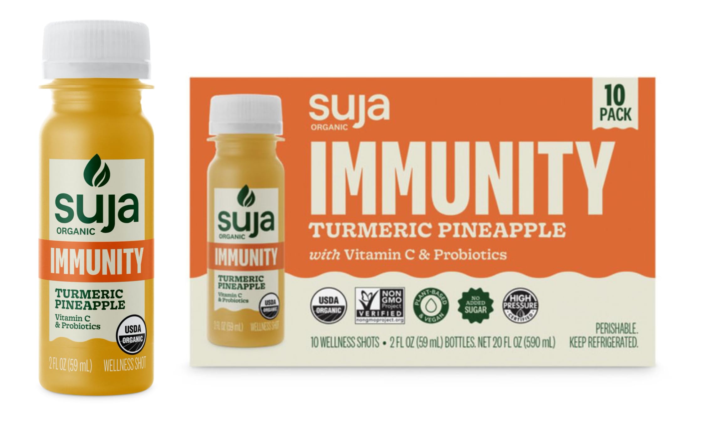 Suja Organic Immunity Wellness Shot with Tumeric & PineApple & Vitamin C & Probiotics NON GMO No Added Sugar Vegan Liquid (Pack of 10)USDA Organic
