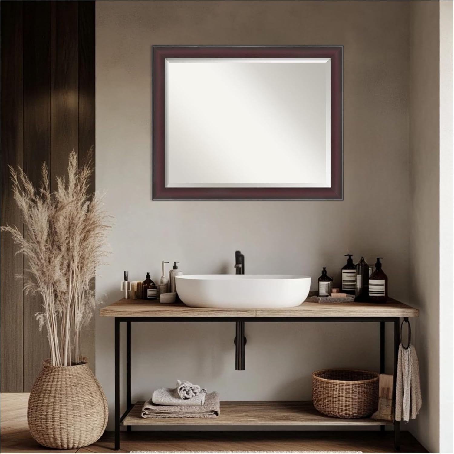 Amanti Art Brown Bathroom Mirror for Over Sink, 26x32 Grand Cherry Narrow Rectangle Vanity Mirror, Large Casual Frame, Hangs Horizonally and Vertically, Bathroom Wall Decor, Beveled Edge