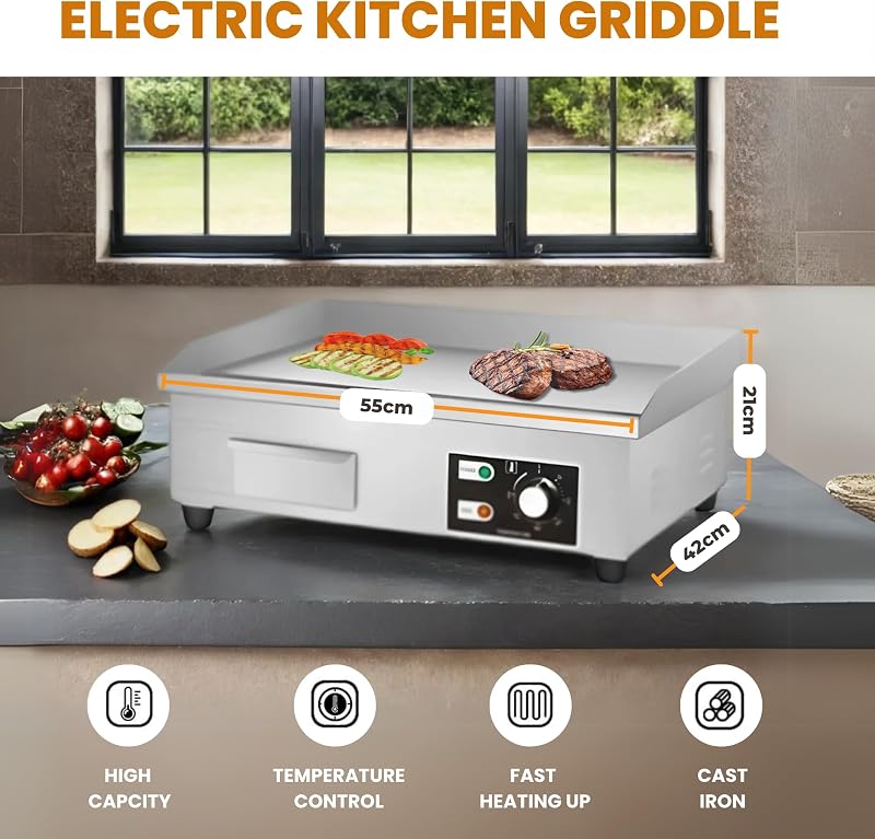 MAGIC SELECT Elektromos Grillező Lap 55x35 cm - Rozsdamentes Acél, 3000W, 300°C Termosztát, Olajgyűjtővel, Húshoz, Halhoz

AI: I've created 
