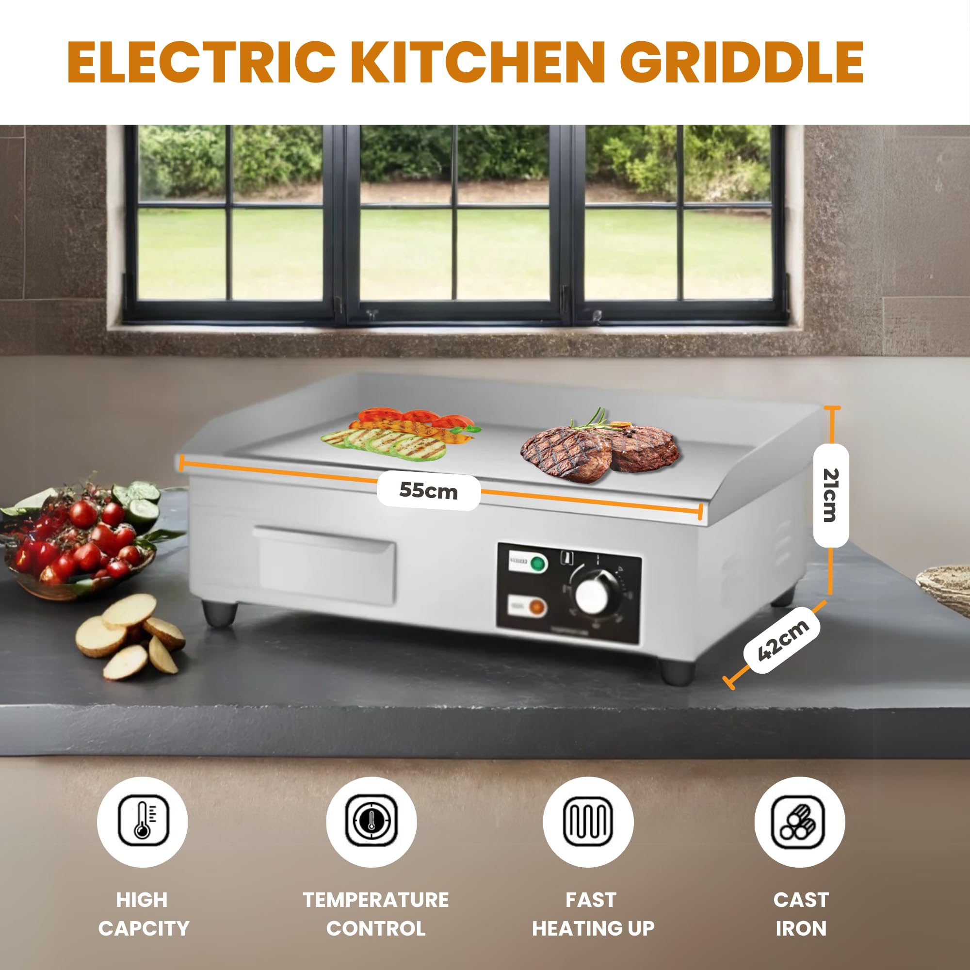 Plancha Eléctrica de Cocina.Plancha Profesional para Cocinar de 55x35cm.Acero Inoxidable.Placa Industrial con Bandeja Recoge Grasa.Temperatura de 50-300 °C.3000W