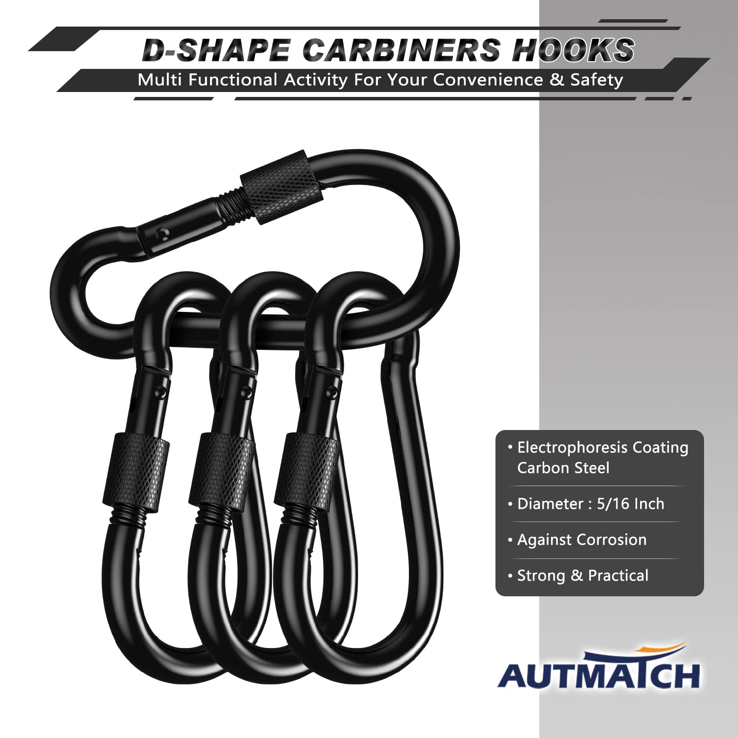 AUTMATCH Carabiner Clips, 3" Carbon Steel Spring Snap Hook Caribeener Clips Buckle Pack Grade Heavy Duty Carabiners Quick Link for Camping, Fishing, Hiking, Traveling, Locking Black, 4 Pack image_2