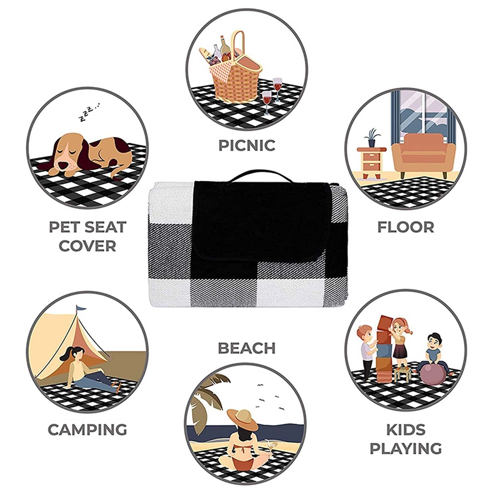 Couverture Pique Niques Imperméable, Portable Tapis Pique Niques, Nappe Picnic Natte de Plage pour Jardin Camping Extérieur (Color : Black White Grid, Size : 150 x 200cm)