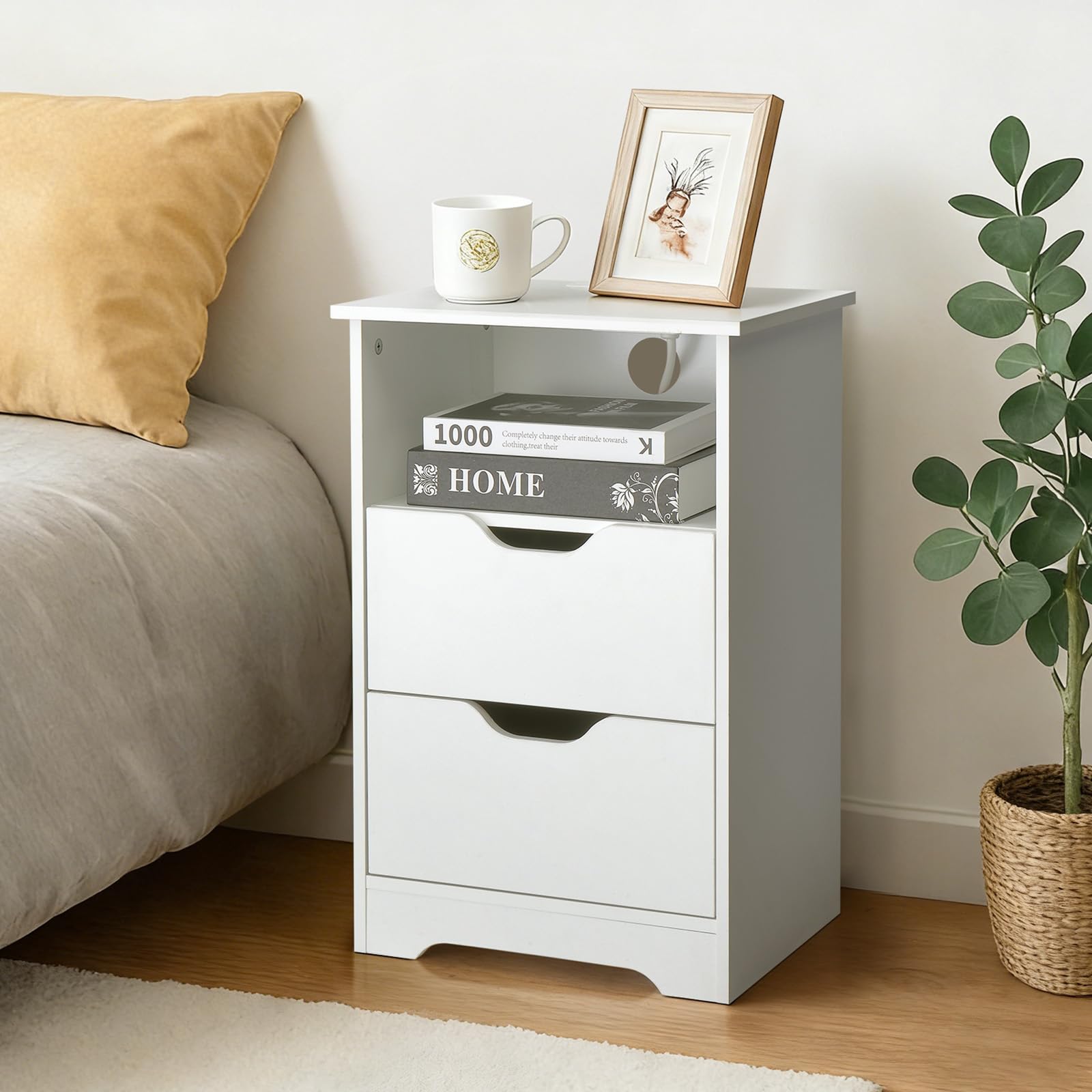 LEADZM Table de Chevet avec Station de Charge et Ports USB,Table d'appoint avec 2 tiroir 1 étagère Ouverte, Commode de Nuit, 40 x 30 x 60cm (1, Blanc)