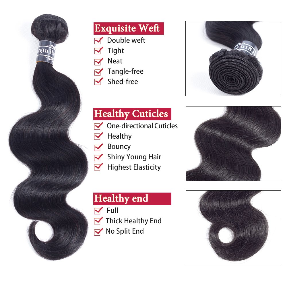 Amella Hair 100% Unprocessed Virgin Brazilian Human Hair Brazilian Body Wave 3 Bundles (16 18 20,285g) Hair Extensions Grade 8A Remy Human Hair Bundles Natural Black Color