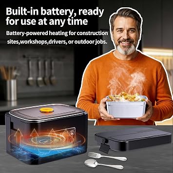 Cordless Electric Lunch Box, Heated Lunch Box Battery Powered Automatic Heating 1.5L Portable Lunchbox Food Warmer for Outdoor, Car, Truck, Work, Travel