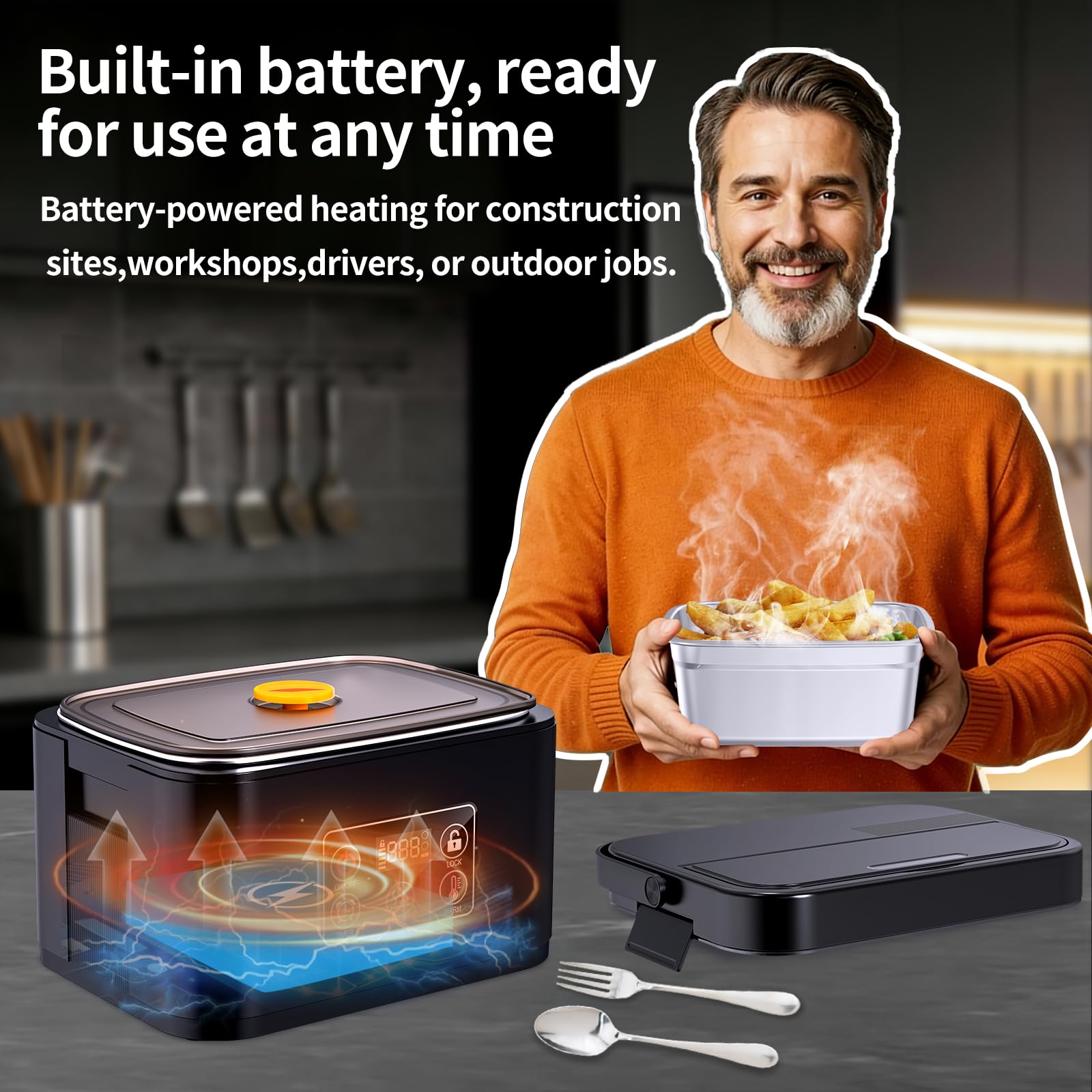 Contenitore per il pranzo elettrico senza fili, riscaldato, alimentato a batteria, riscaldamento automatico, 1,5 l, portatile, per esterni, auto, camion, lavoro, viaggi