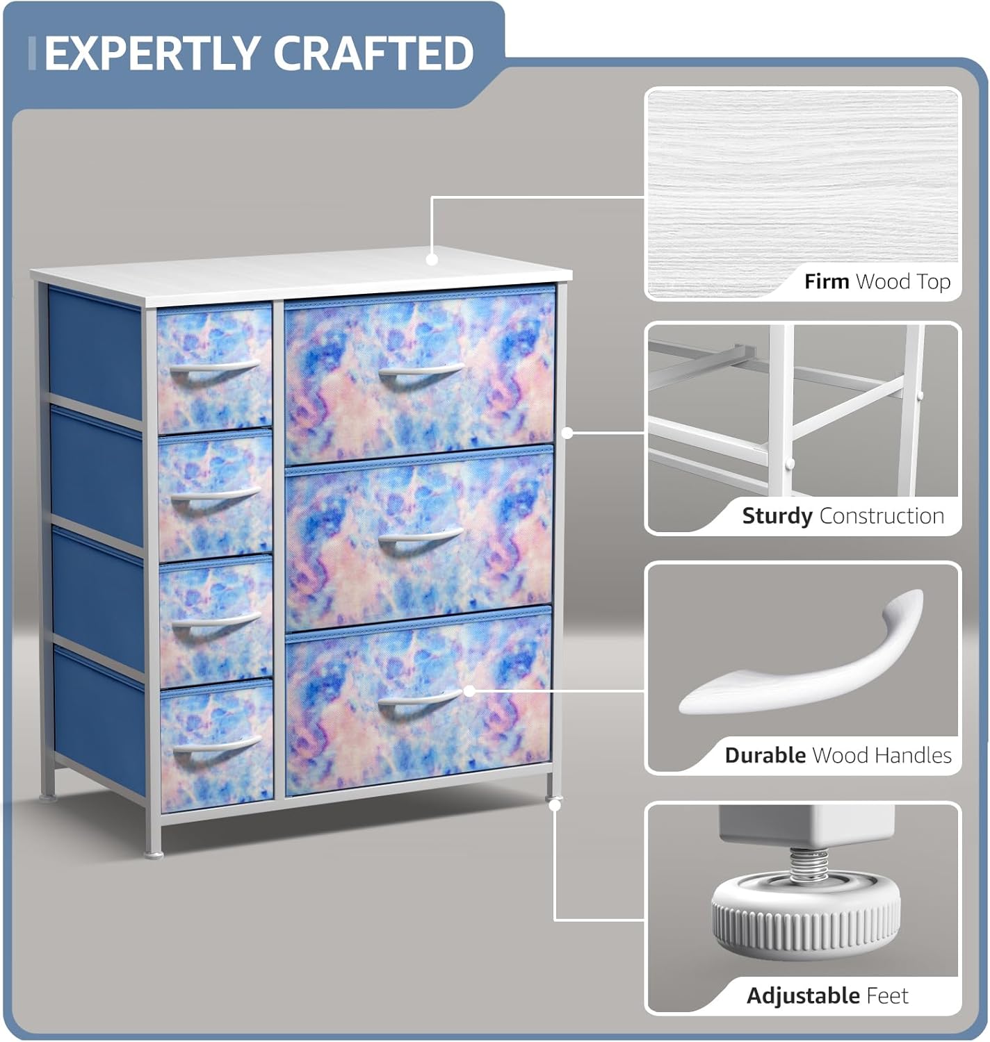 Primer pla view of the dresser highlighting its firm wood top, sturdy construction, durable wood handles, and adjustable feet.