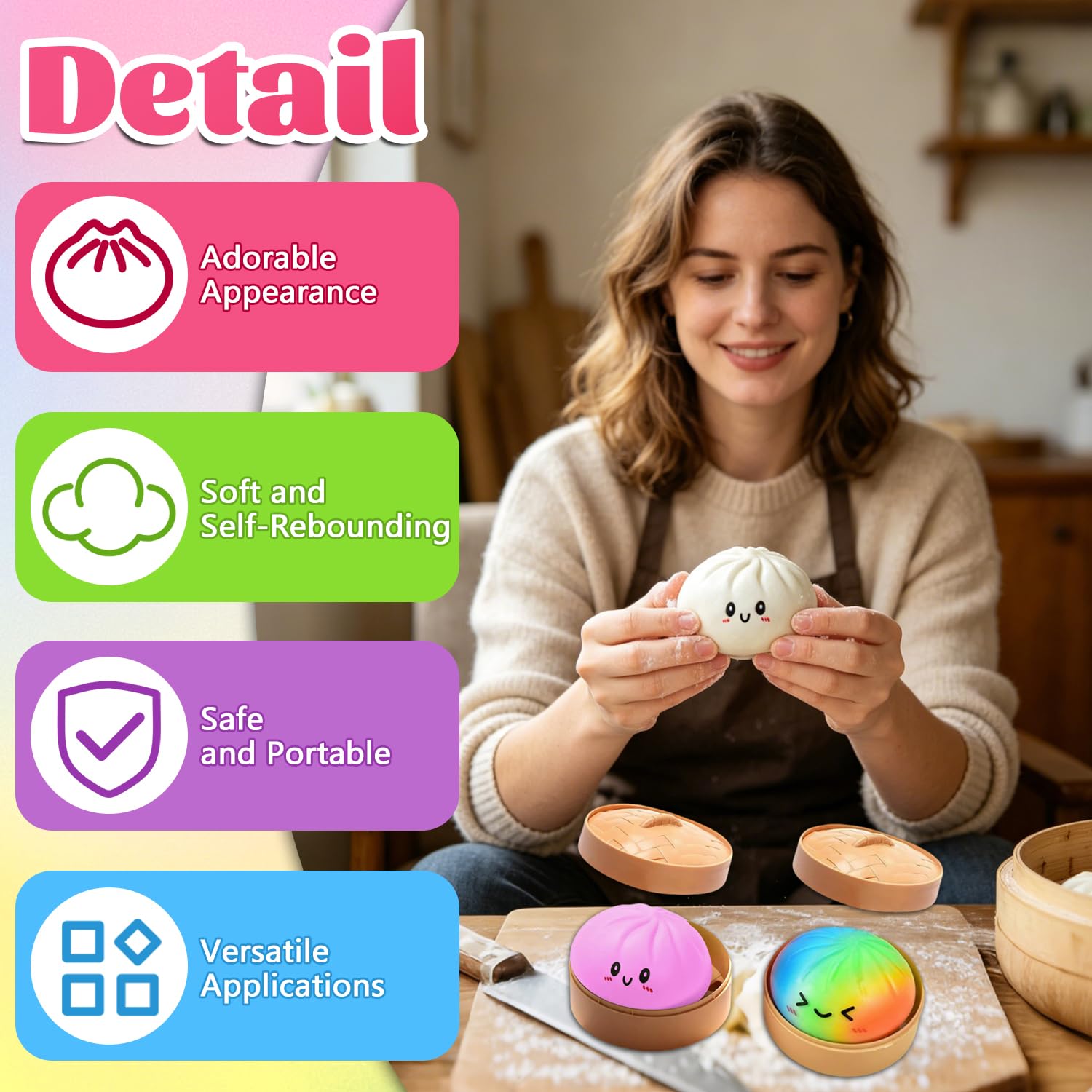 Giocattoli Antistress Gnocco, 4 Pezzi Palline Antistress Gnocco, Dumpling Stress Ball, Dumpling Squishys Toy, giocattolo squishy gnocchi, Glitter Dumpling Squishys, Per Lavoro, Studio, Viaggio E Relax