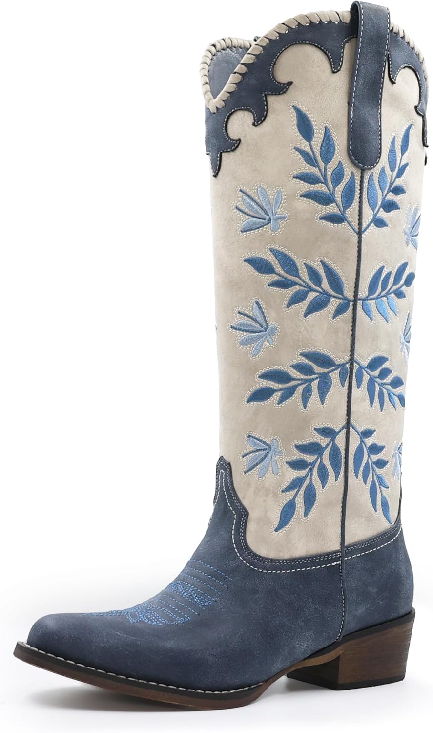 Womens Cowboy Boots Leaf Embroidered Pull on Knee High Round Toe Comfortable Chunky Heel Western Cowgirl Riding Boots