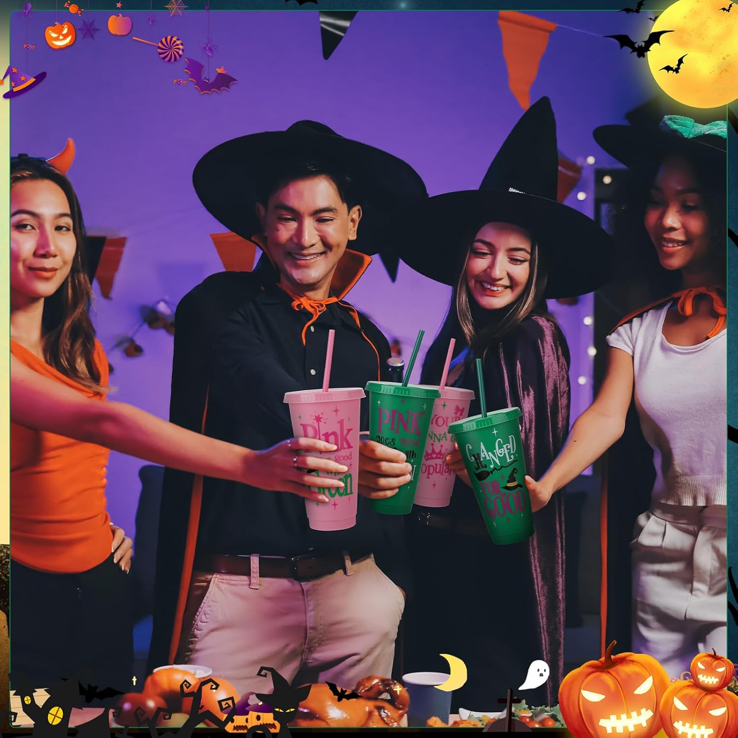 12 Pcs Pink Green Plastic Cups with Lids and Straws 24 oz Reusable Tumbler for Witch Princess Enchanted Theme Parties Birthdays Bachelor Party Decoration - Image 6