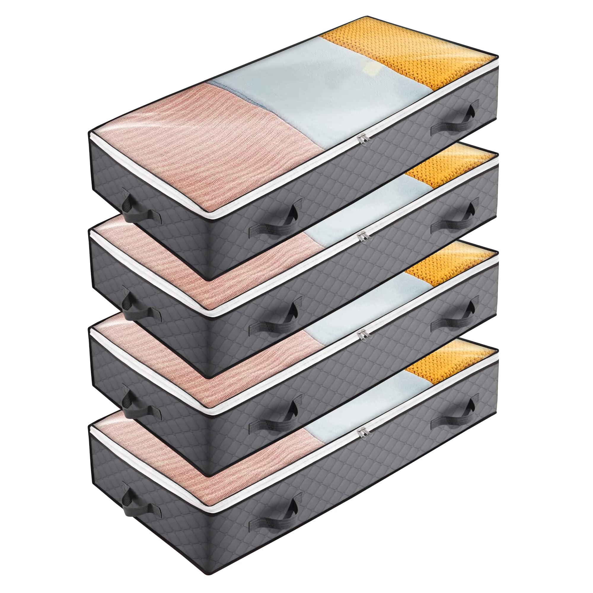 Deep Impact Under Bed Storage Containers, 90L 4 Pack Underbed Storage with Handles, Dual Zippers, & Clear Top, Under The Bed Storage Bins for Clothes,