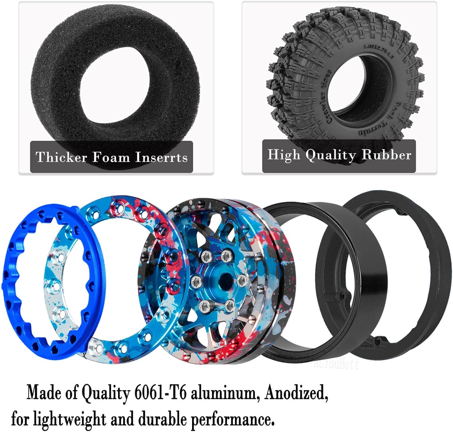 RC 1.3" Beadlock Wheel Tires Set/RC Wheels and Rim for 1/18 1/24 Trx4m SCX24 FCX24 RC Crawler Car,Aluminum 1.3 Wheel Rim Soft Rubber Tires w/Wheels Ring,Colorful