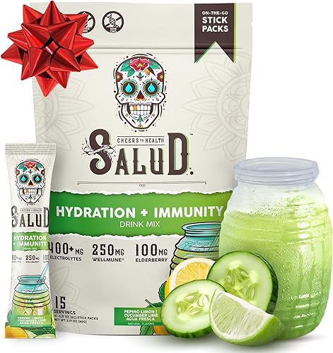 Salud Paquetes de hidratación 2 en 1 + electrolitos inmunitarios en polvo, pepino y lima, mezcla de bebida de agua fresca, saúco, sin lácteos y