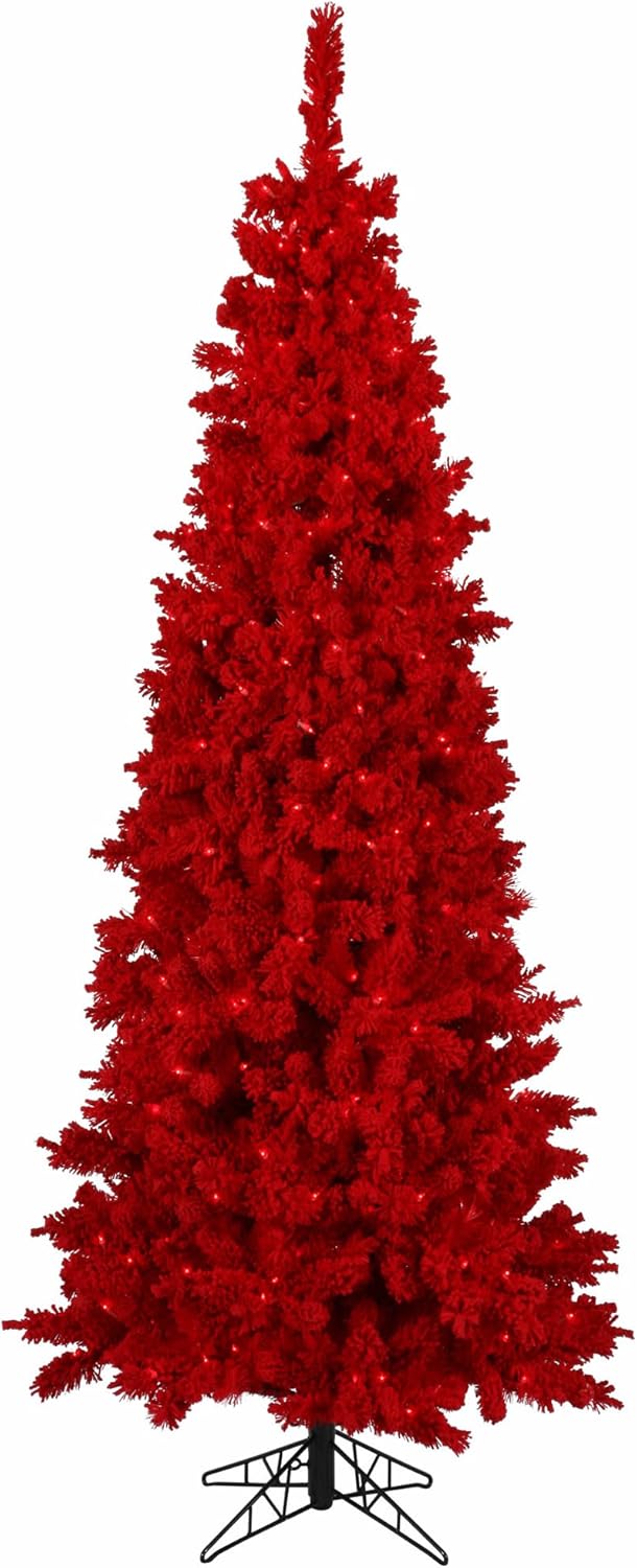 Vickerman 7.5' Flocked Red Fir Artificial Christmas Tree, Red Dura-lit LED Lights - Snow Covered Faux Tree - Seasonal Indoor Home Decor