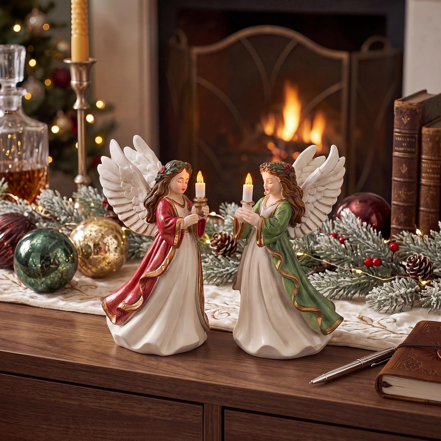 Yalikop 2 Pcs Christmas Angel Figurines Resin Angel Statues Vintage Decor