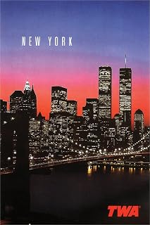 New York City Landscape TWA Airlines World Trade Center Brooklyn Bridge Vintage Travel Cool Wall Art Print Poster 12x18