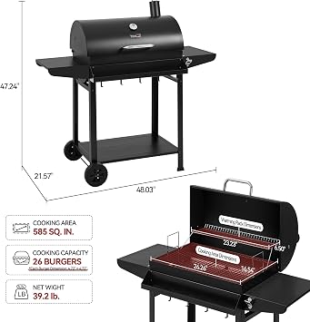 Royal Gourmet CC1830T Barrel Charcoal Grill, Front Storage Basket, Hooks