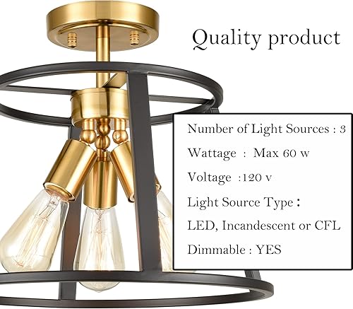Miniatura 5 de HYDELITE Lámpara de techo semiempotrada estilo casa de campo, moderna lámpara de techo de latón y negro, 3 luces