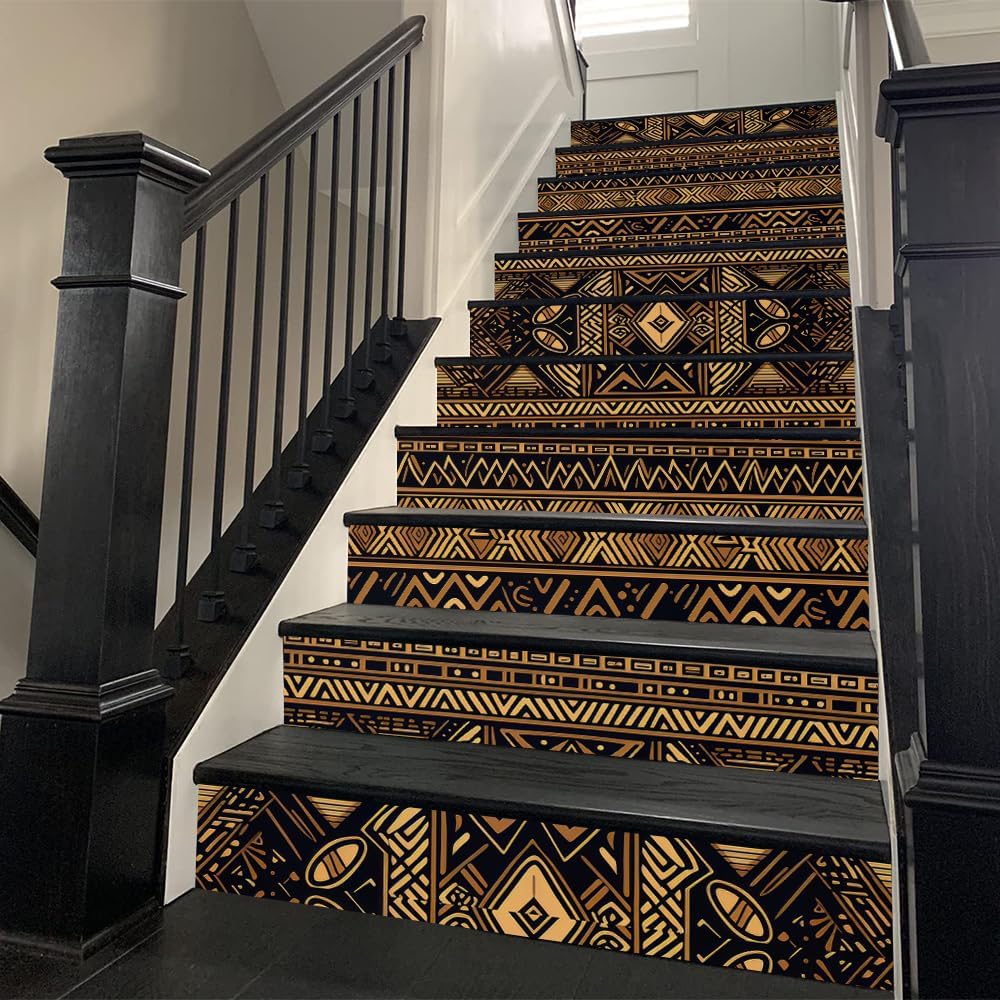 REDAMANCY Brown Vintage Geometric Mosaic Peel and Stick Vinyl Stair Riser Decals Staircase Tile Stair Stickers Abstract Boho Art Modern Decoration Self-Adhesive Home Decor Stair Decals (14Pcs)
