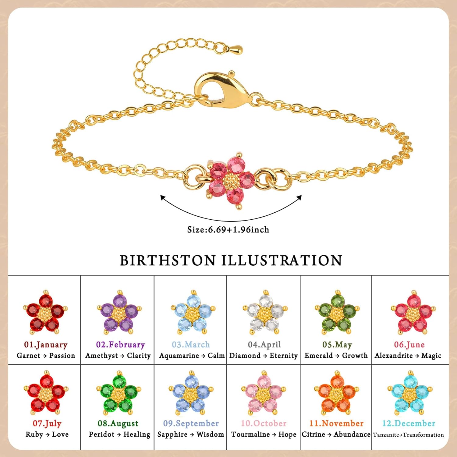 Raicegs Birthstone Gold Bracelets for Women Dainty Link Bracelet 18k Gold Plated Chain Flower Charm Bracelets Birthstone Jewelry Birthday Friendship Gifts for Her - Image 4