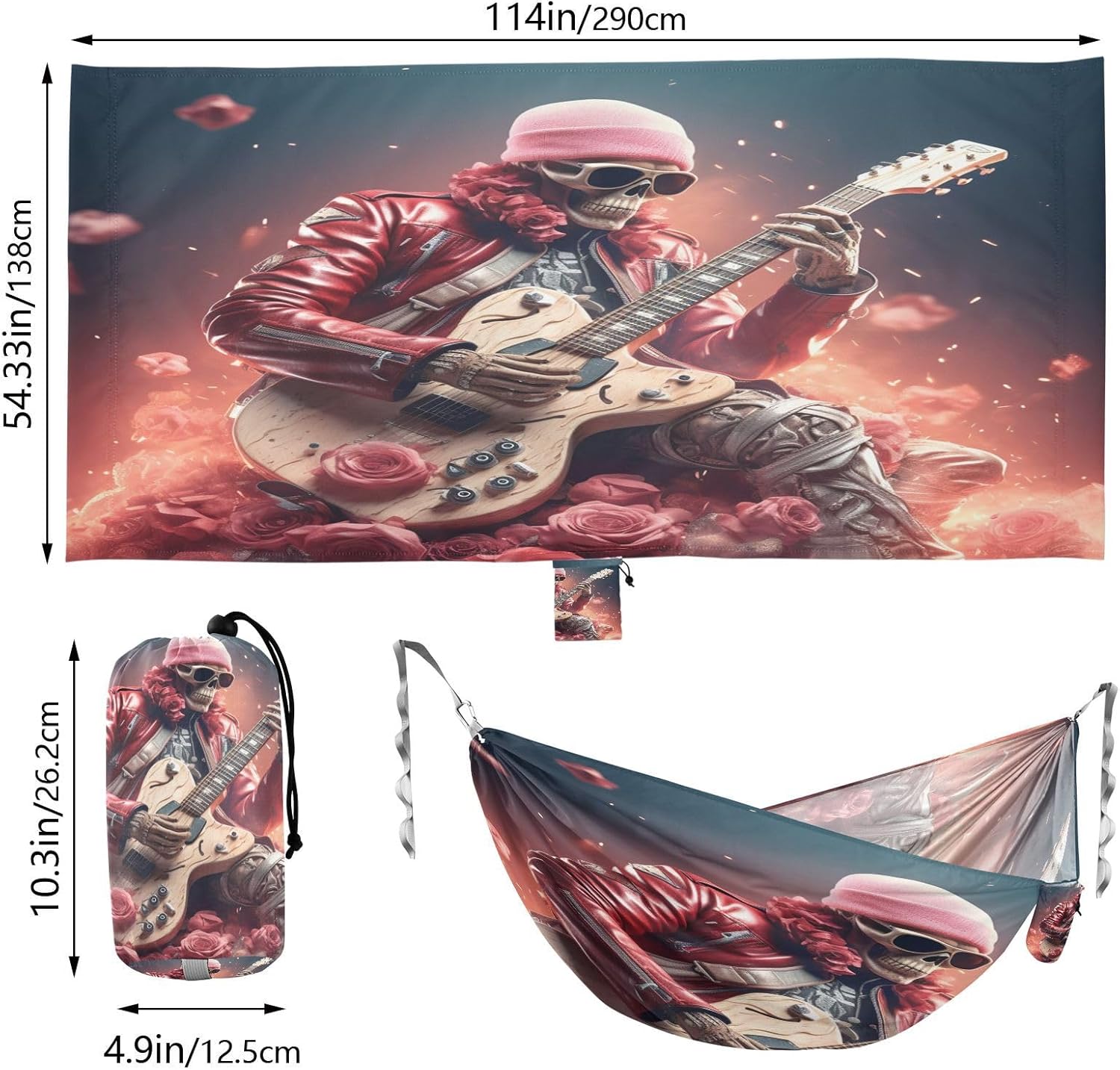 Christmas Cool Rose Crazy Guitar Hammock for Outside Trees Camping Portable Hammocks Lightweight Perfect for Indoor Hiking Beach Travel