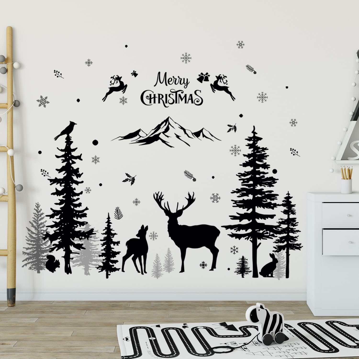 Christmas Wall Decals Winter Forest Animals Wall Sticker Waterproof Mountain Woodland Window Clings Merry Christmas Deer Wall Stickers Snowflake Xmas Trees Wall Mural for Window Nursery Showcase