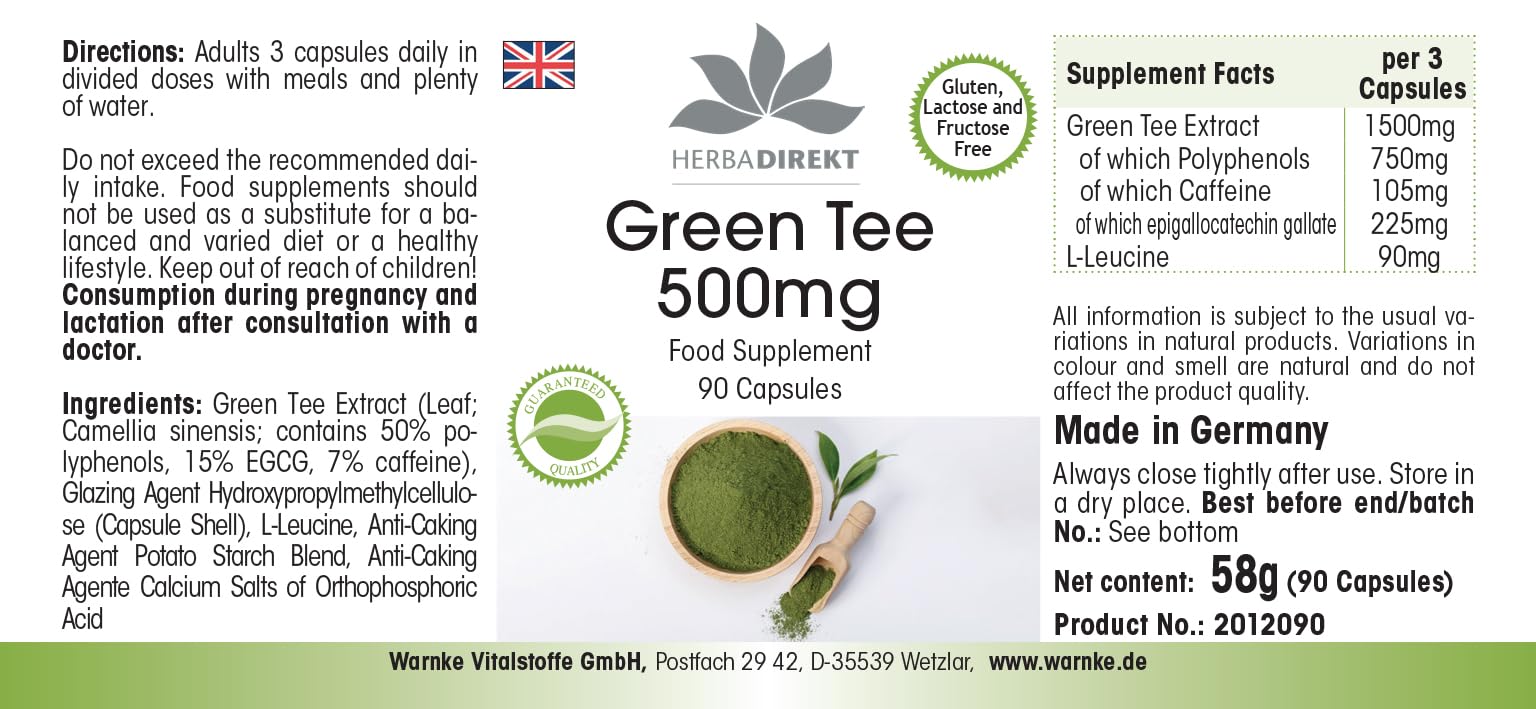 Estratto di tè verde - 90 capsule - 1500mg per dose giornaliera - EGCG - Camellia sinensis - min. 50% di polifenoli - vegano | HERBADIREKT by Warnke Vitalstoffe - Qualità farmaceutica tedesca