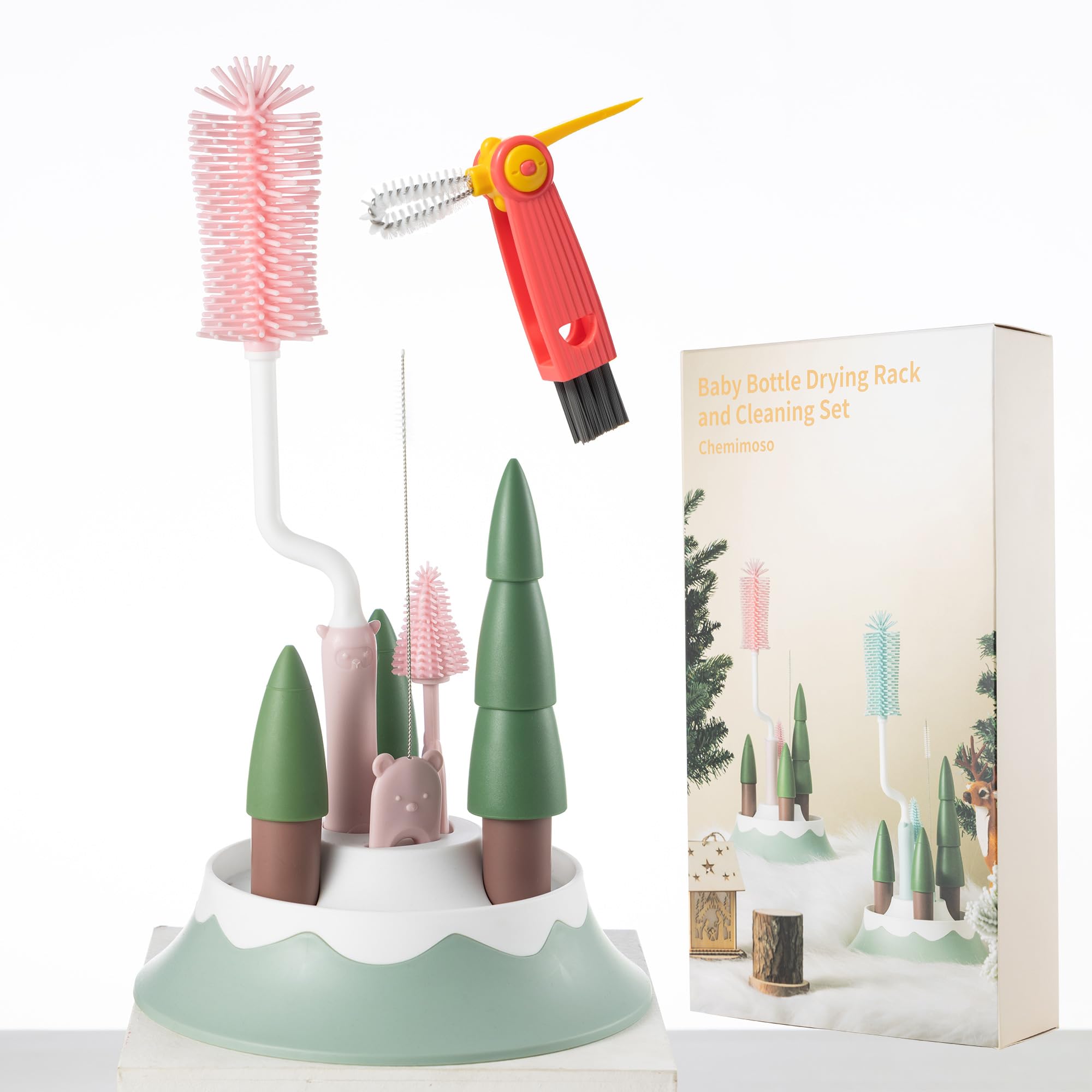 Chemimoso Baby Bottle Drying Rack and Cleaning Set, with Spinning Silicone Baby Bottle Brush, Pacifier Brush, Straw Brush, Cup Lid Cleaning Brush,