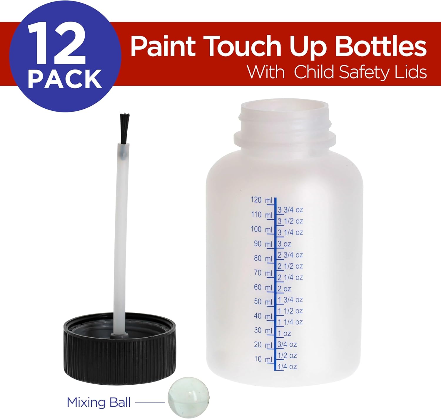 TCP Global 4.5-Ounce Paint Touch-Up Bottles with Safety Lids (Box of 12), Mixing Ball, and Applicator Brush - 140ml Fluid Capacity for Auto, Car, and Craft Projects - Image 2