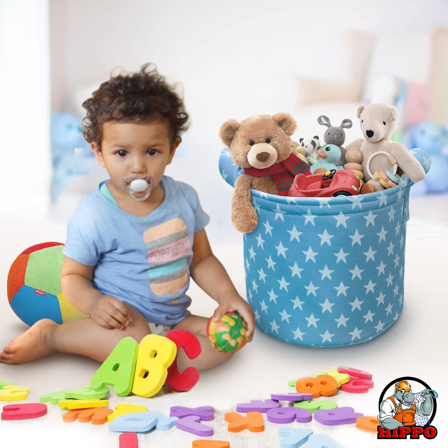 HIPPO Designer Non-woven Polyester Cute Baby Toy Bin for Smart Mothers Unbreakable Toy Storage Basket For Babies Laundry Basket Cloth Storage Bin (Blue-Star, Pack of 1) 3