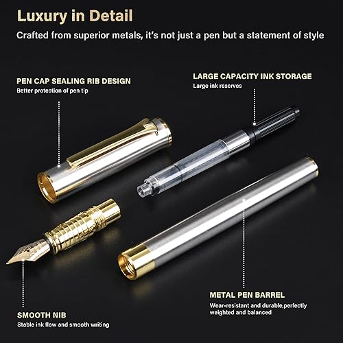 Miniatura 5 de lucilynx Pluma estilográfica con punta media, incluye 10 cartuchos de tinta, 2 convertidores de recarga de tinta y caja de regalo premium, pluma