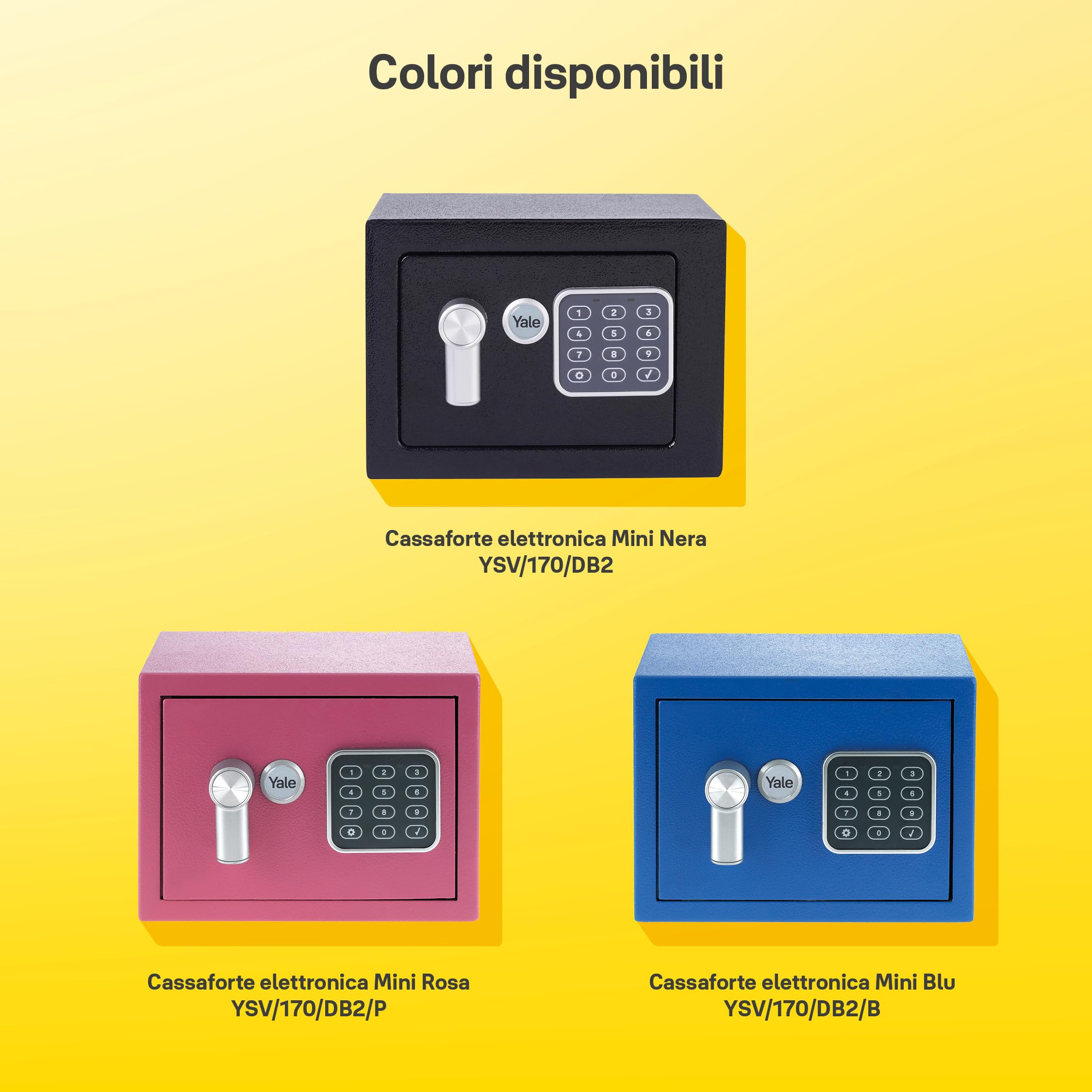 YALE Cassaforte XS YSV/170/DB2 Nero, con Tastiera Digitale, Indicatori di Luce a LED, Fissaggi a Parete e Pavimento, Capacità di 3.8 L, Dim Interne 170 x 230 x 170 mm, Mini, Versione Corrente