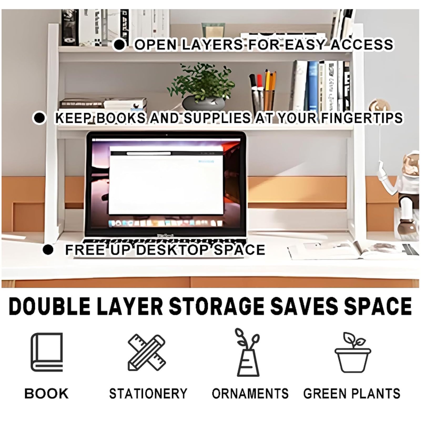 Organizer da scrivania con ripiano sopra monitor, 2 ripiani, scaffale per ufficio, scrivania per computer, libreria, portaoggetti verticale per piccole scrivanie, casa, ufficio, dormitorio, trucco
