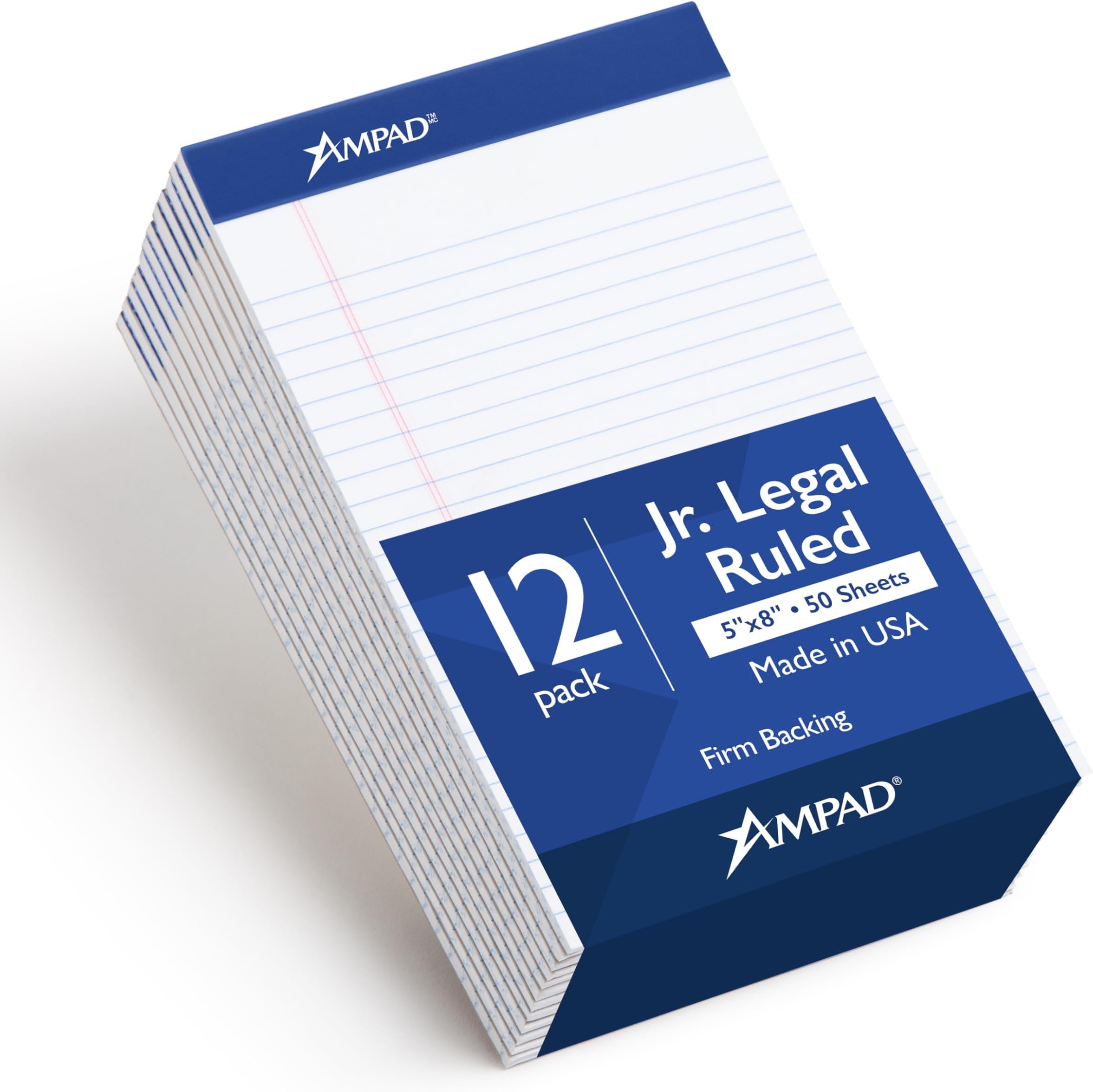 Ampad 5 x 8 Legal Pads, 12 Pack, Narrow Ruled, White Paper, 50 Sheets Per Writing Pad, American Pad & Paper, Made in USA (20-364)