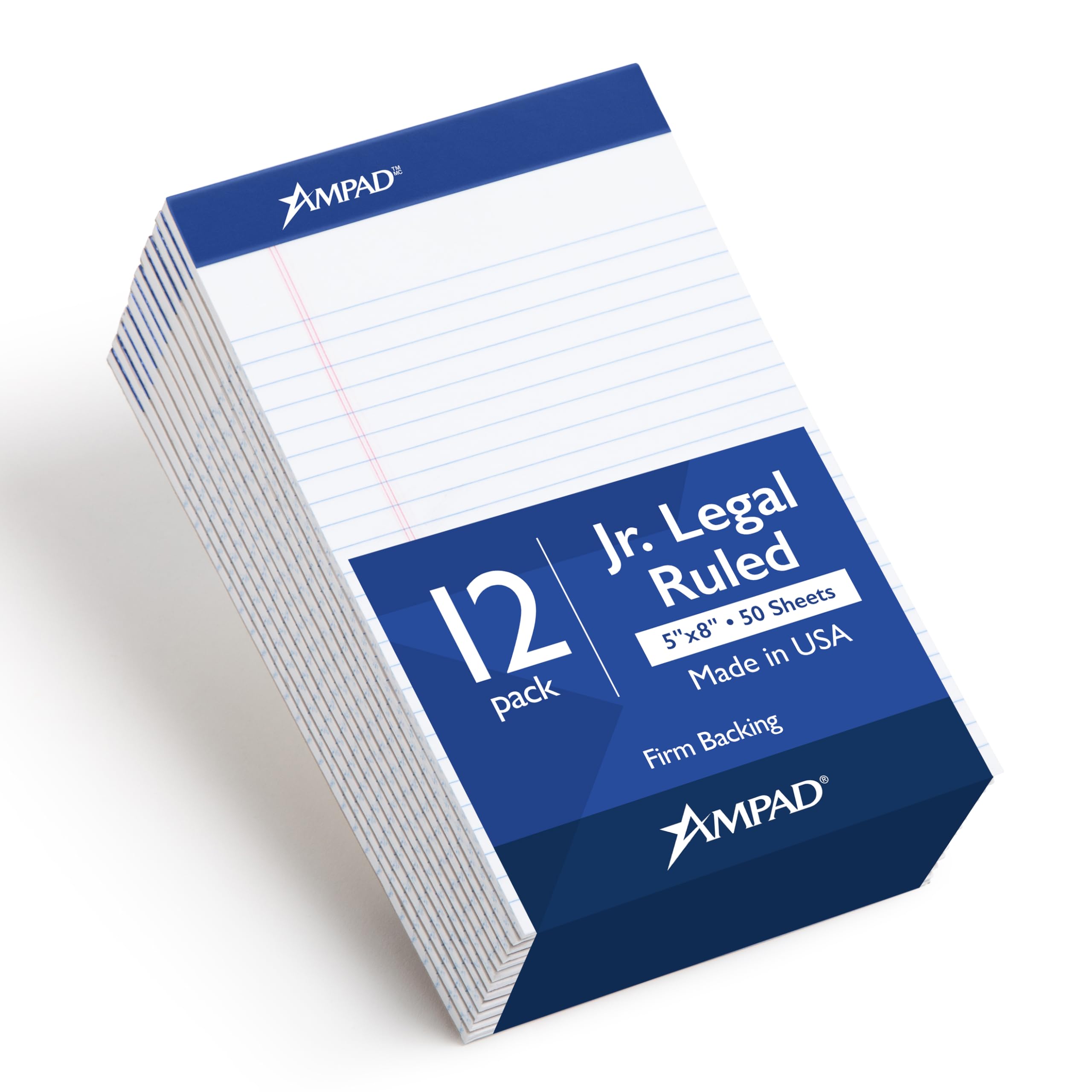 Ampad 5 x 8 Legal Pads, 12 Pack, Narrow Ruled, White Paper, 50 Sheets Per Writing Pad, American Pad & Paper, Made in USA (20-364)