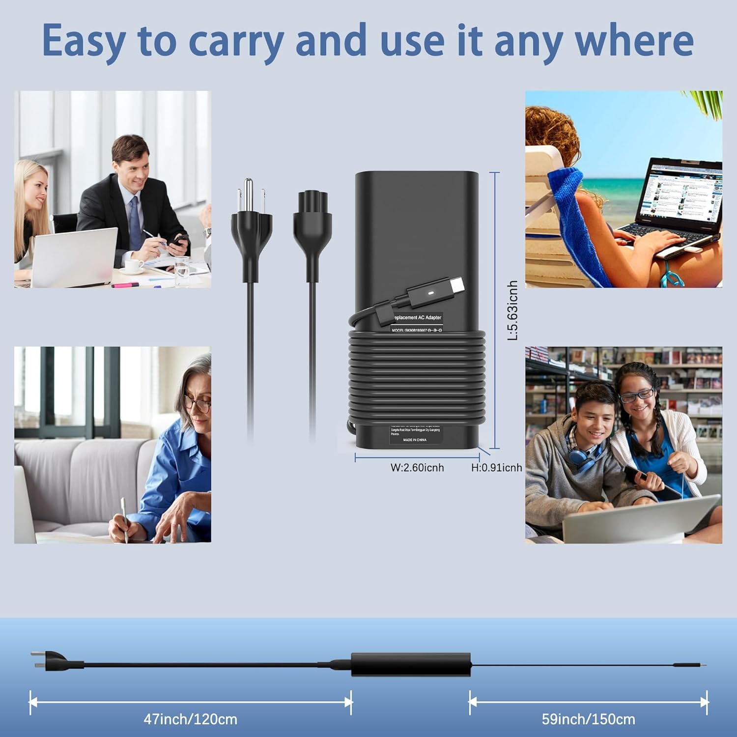 Caricatore USB C per computer portatile, 130 W, caricatore rapido universale, compatibile con Dell Latitude, XPS, Precision, 120 W, 100 W, 90 W, 65 W, 45 W, tutti i dispositivi USB-C