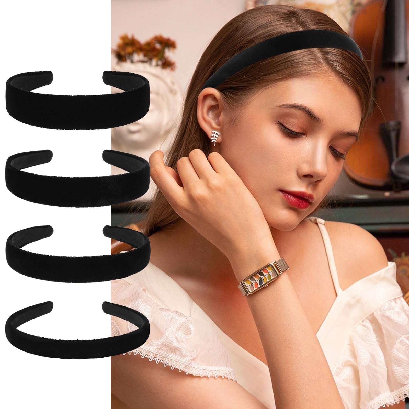 Puedno 4pcs Black Velvet Padded Headband for Women & Teen Girls, No Teeth, Plain Thick Headbands, Hoops, Velvet Hair Band - Image 3