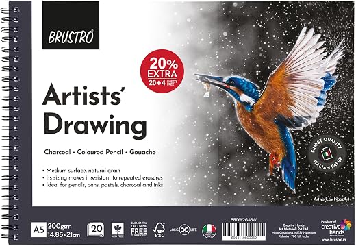 BRUSTRO Artist's Drawing Wiro Pad, 200 GSM, Size A5 (20+4 Free Sheets)| Acid Free,Medium Surface,Natural Grain| Ideal for ...