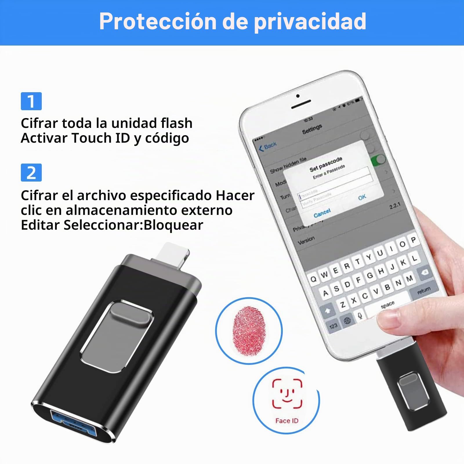 Pendrive 64GB para iPhone, Memoria USB Lightnning con Certificación MFi, 4 en 1 USB para iPhone Compatible con iOS/Android/PC, Pendrive para Movil para Guardar Fotos y Vídeos del Móvil Plug and Play